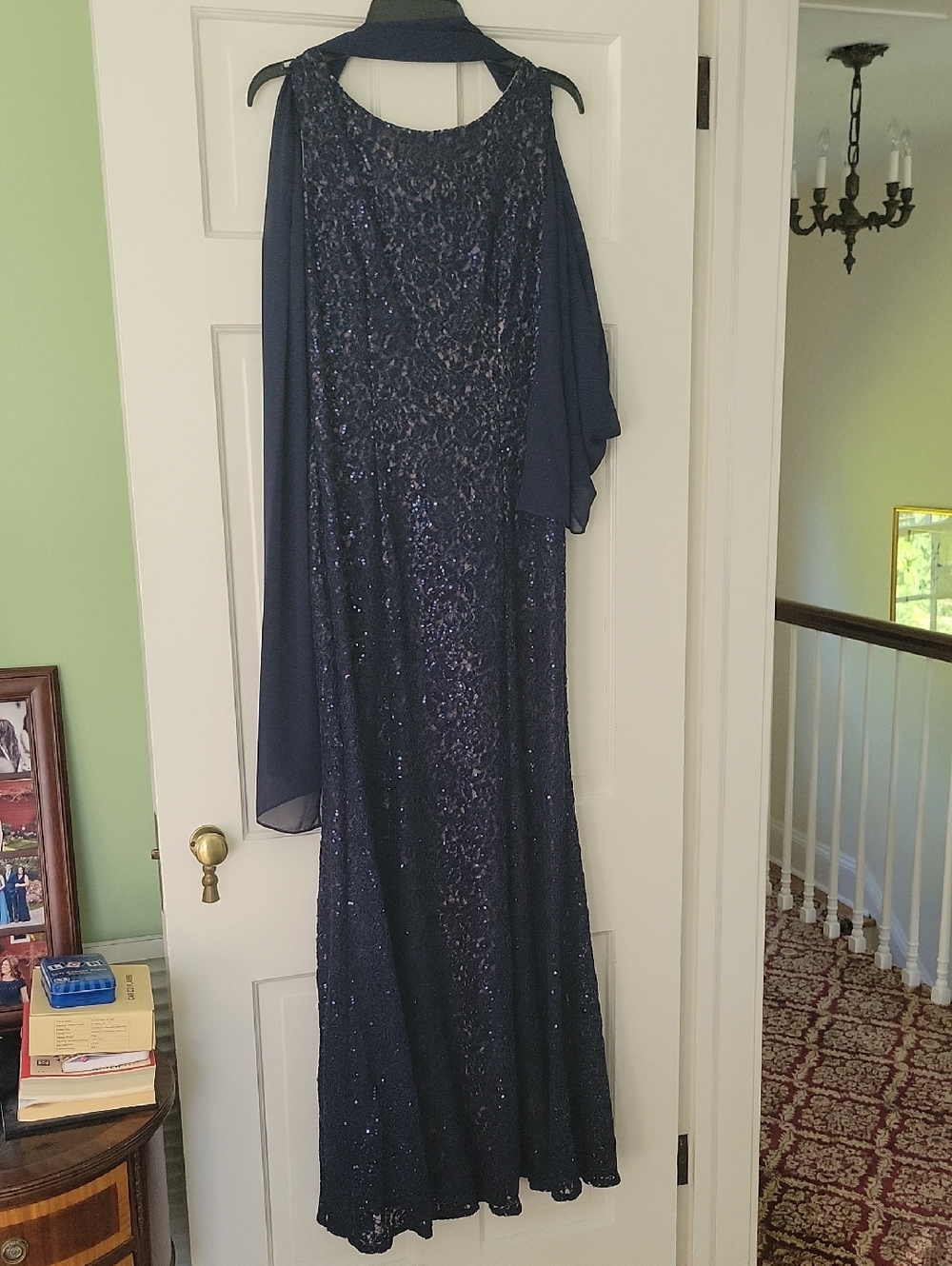 Alex Evenings Lined Navy Full-length Dress with Sequin and Embroidered Trim